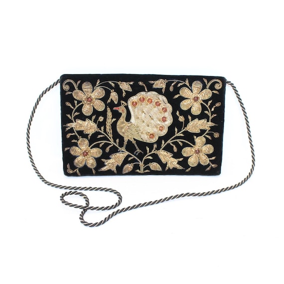 Vintage Gold Zardozi Embroidery Peacock Bird Wirework Shoulder Bag