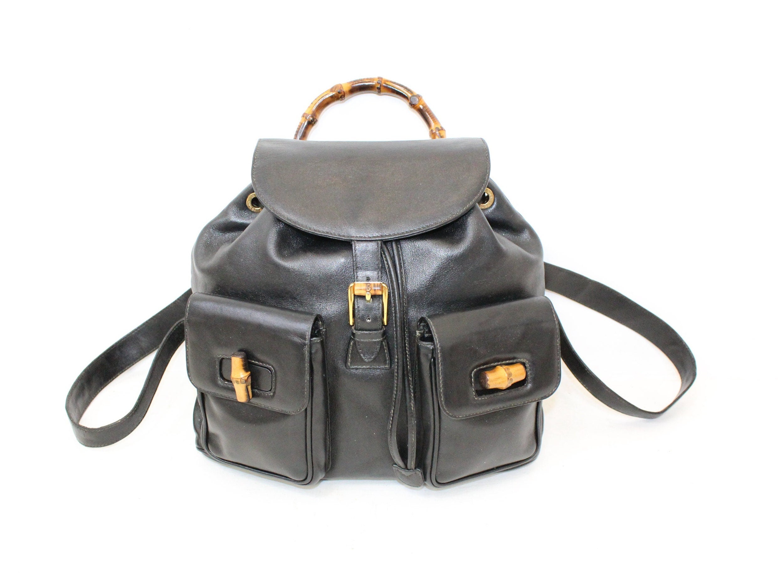 Gucci, Bags, Gucci Vintage Bamboo Leather Backpack Black