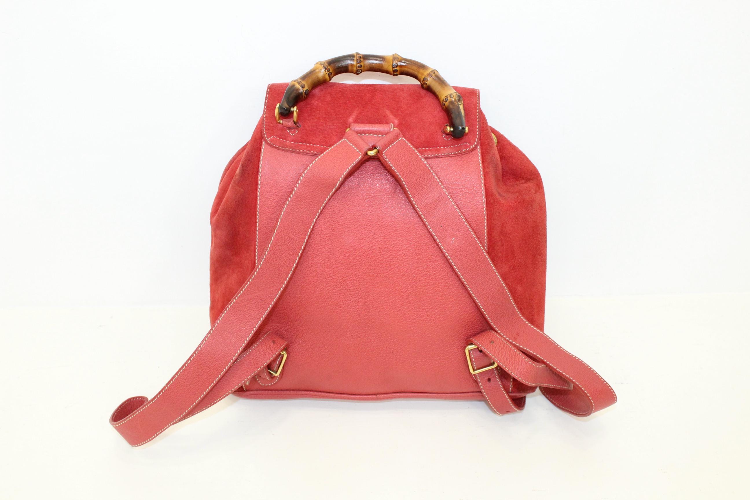 Genuine GUCCI vintage red blush suede and leather bamboo backpack medium Vintage Gucci Bamboo Red Suede Leather Large Backpack  main image 4