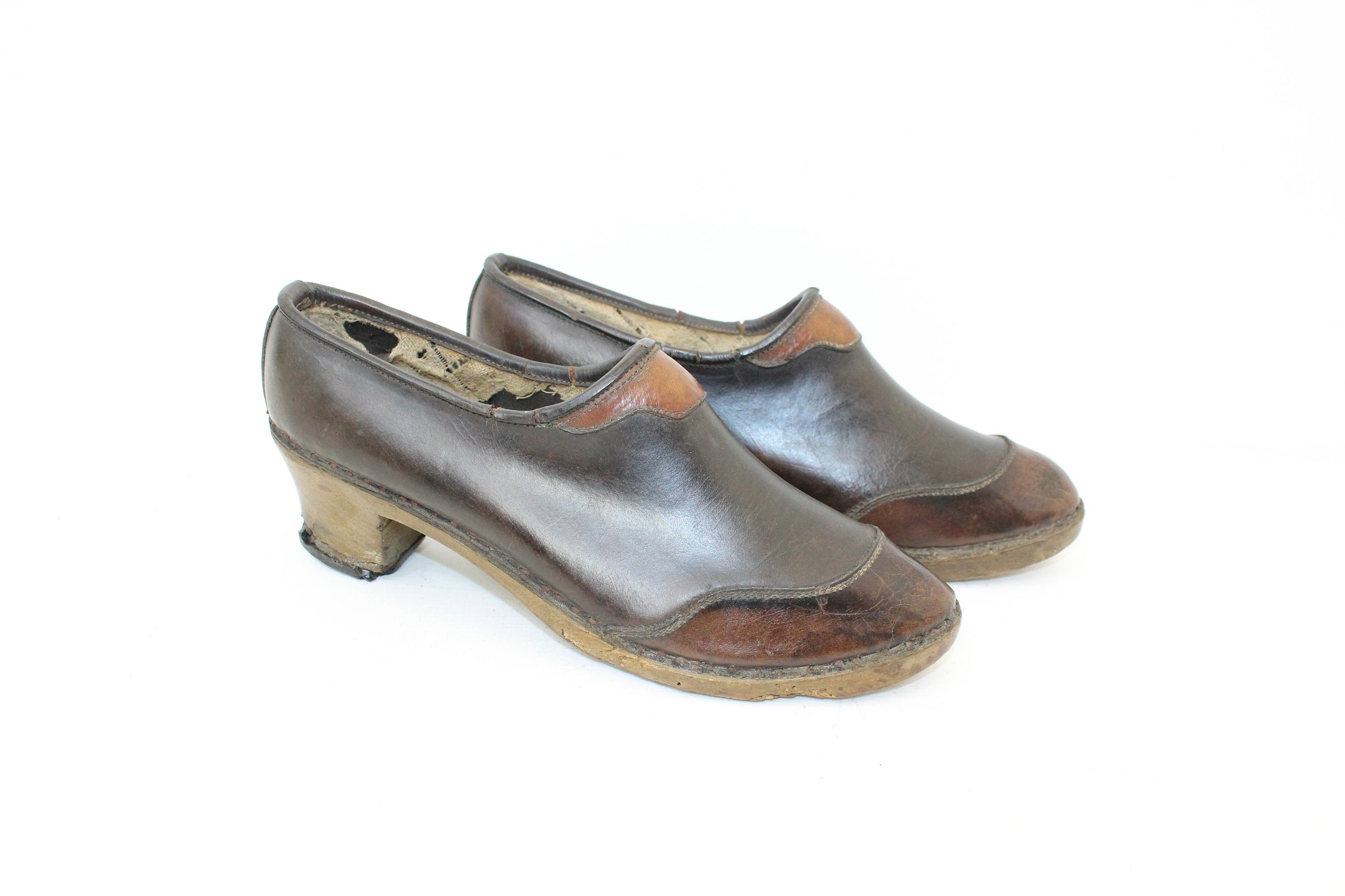Antique Victorian Edwardian Ladies Clogs Shoes Leather With Thick