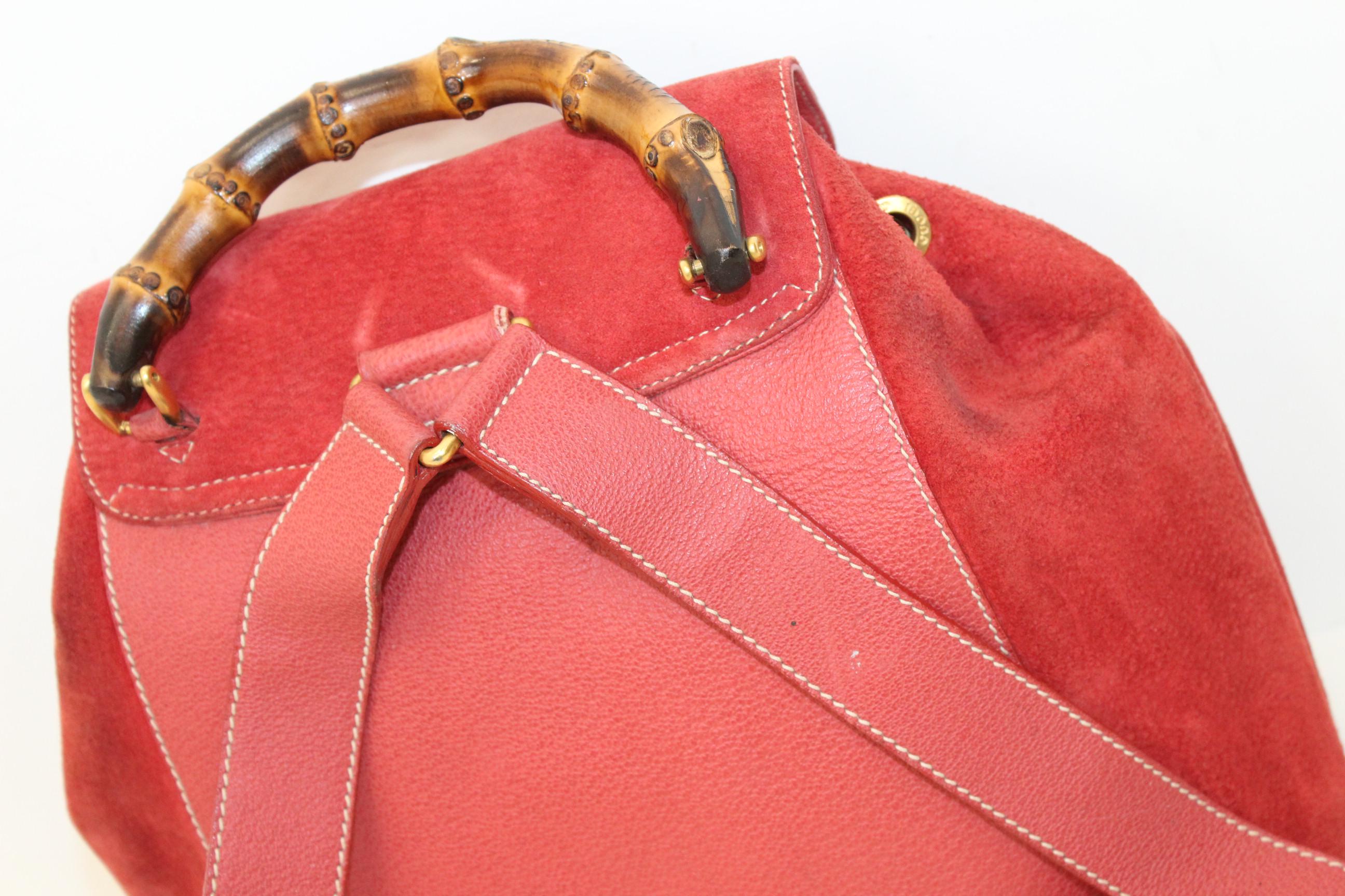Vintage Gucci Bamboo Red Suede Leather Large Backpack 