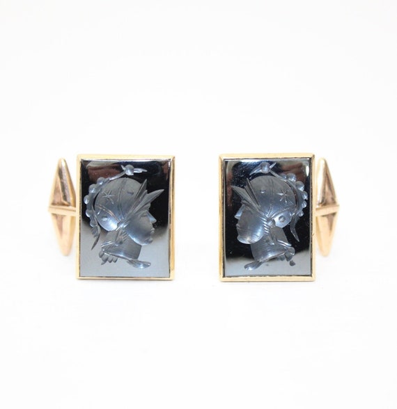 Boutons De Manchette Vintage Or 14 Carats - Soldats Romains Sculptés Sur Onyx Noir