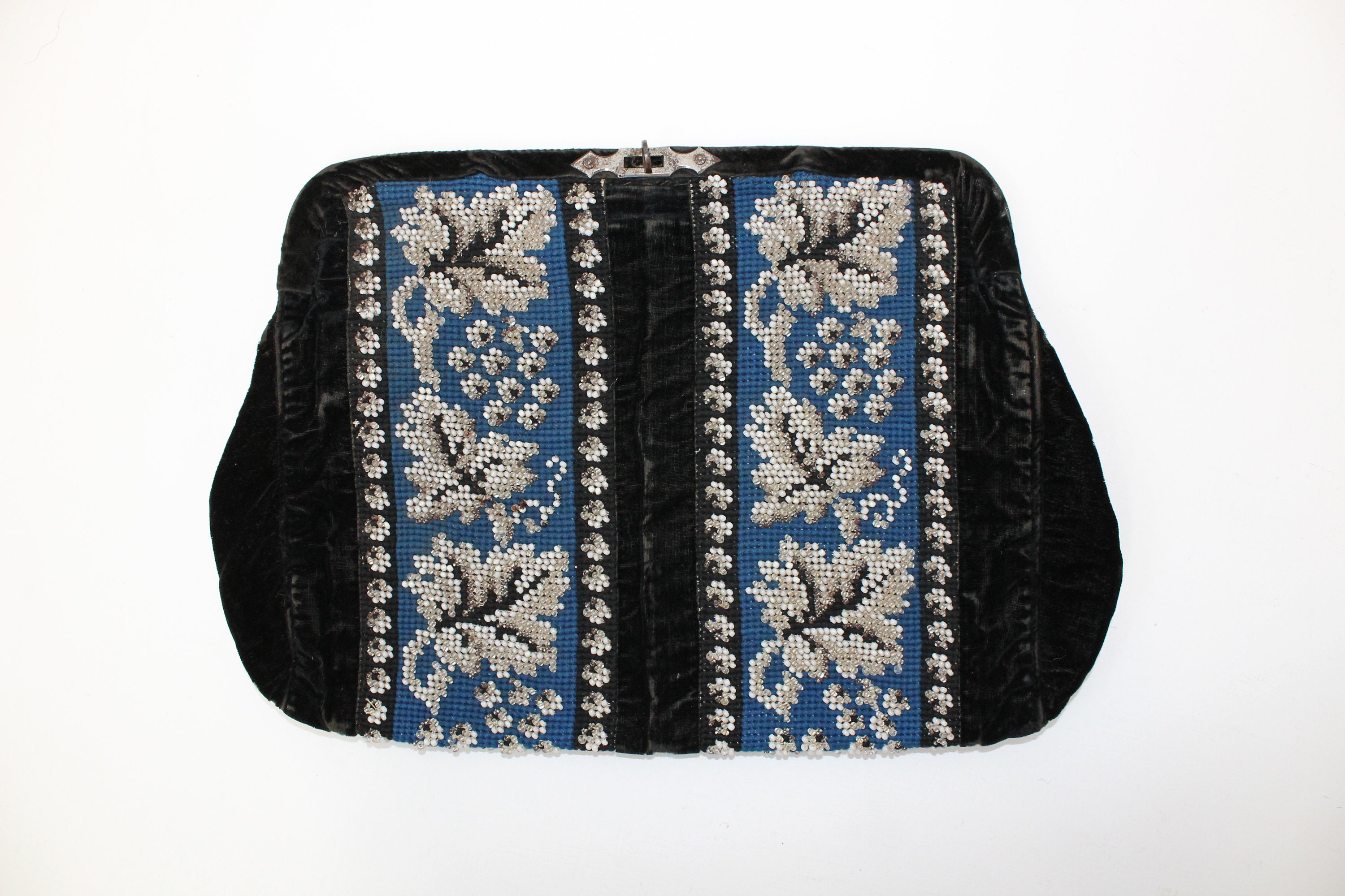 Antique Victorian Beadwork Velvet Clutch Sewing Knitting Wool Storage Needlework Bag