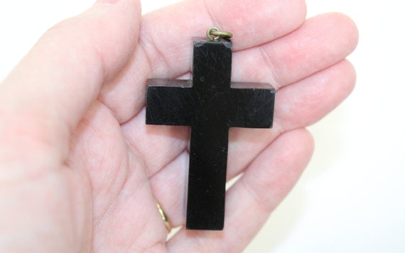 Antique Victorian large Whitby jet cross pendant … - image 1