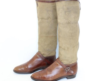 Vintage 1920s Newmarket Riding Boots Brown Leather & Canvas UK 4.5-5