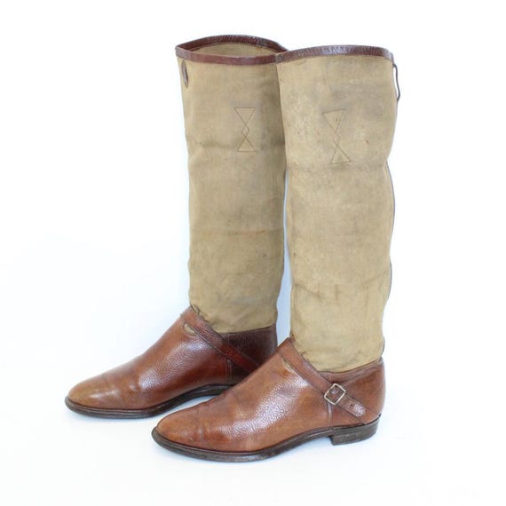 Vintage 1920s Newmarket Riding Boots Brown Leather & Canvas UK 4.5-5