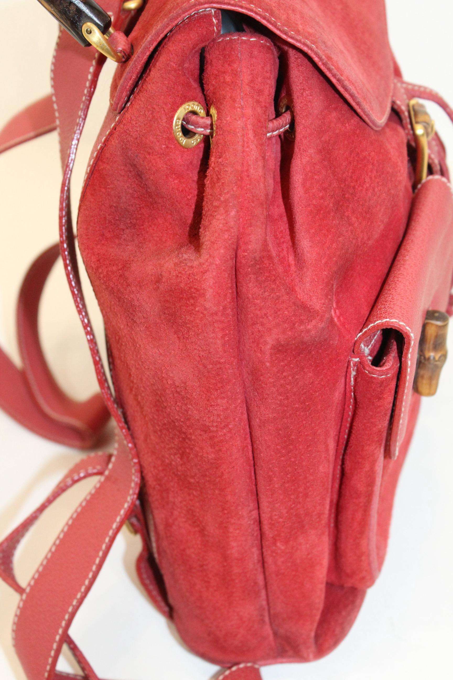 Genuine GUCCI vintage red blush suede and leather bamboo backpack medium Vintage Gucci Bamboo Red Suede Leather Large Backpack  main image 2