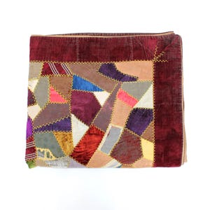 Colcha antigua victoriana grande de retazos, tapiz de pared, bordado, terciopelo y seda, cubrecama de 82" x 71".