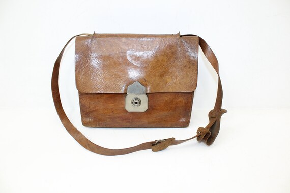 Vintage 1940s French brown leather satchel bag wor