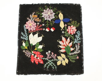 Antique Victorian large needlework wool tapestry raised floral plush work on black velvet