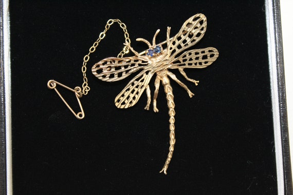 Oval Opaque Sapphire Body Vintage Pin Sterling Dragonfly Brooch