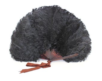 Antique 1920s huge black real ostrich feather fan burlesque folding hand fan