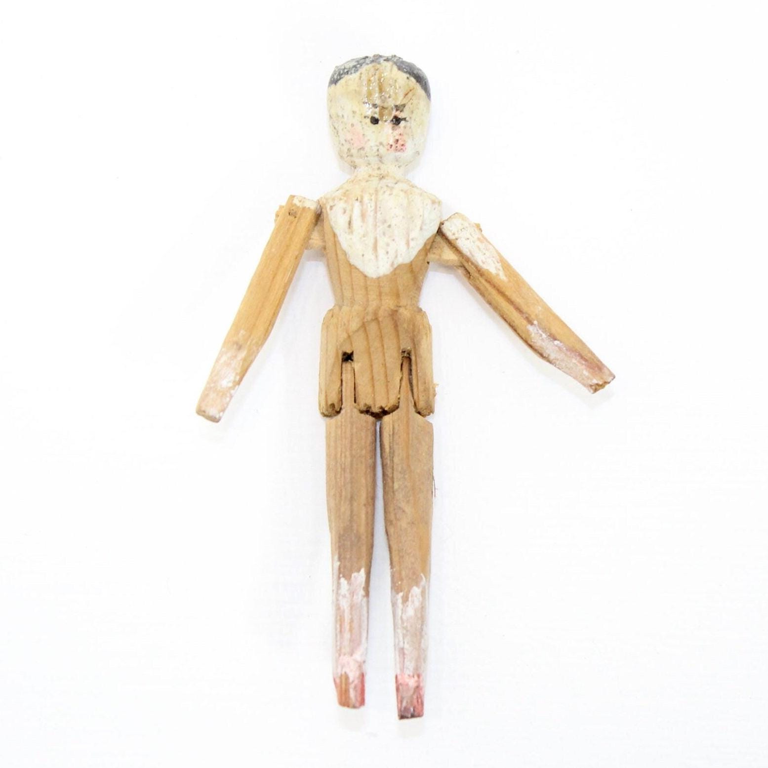 Antique German Wooden Miniature Penny Peg Doll Jointed Hand Carved