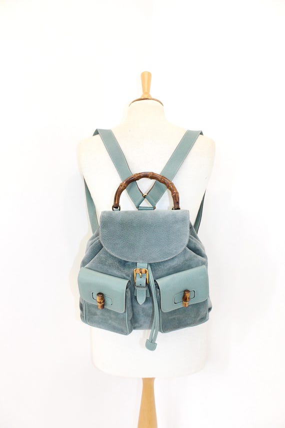 vintage gucci ソルト&ペッパー madeinitaly ウズラ Vintage Gucci Bamboo Backpack Blue Sued Leather Authentic Designer