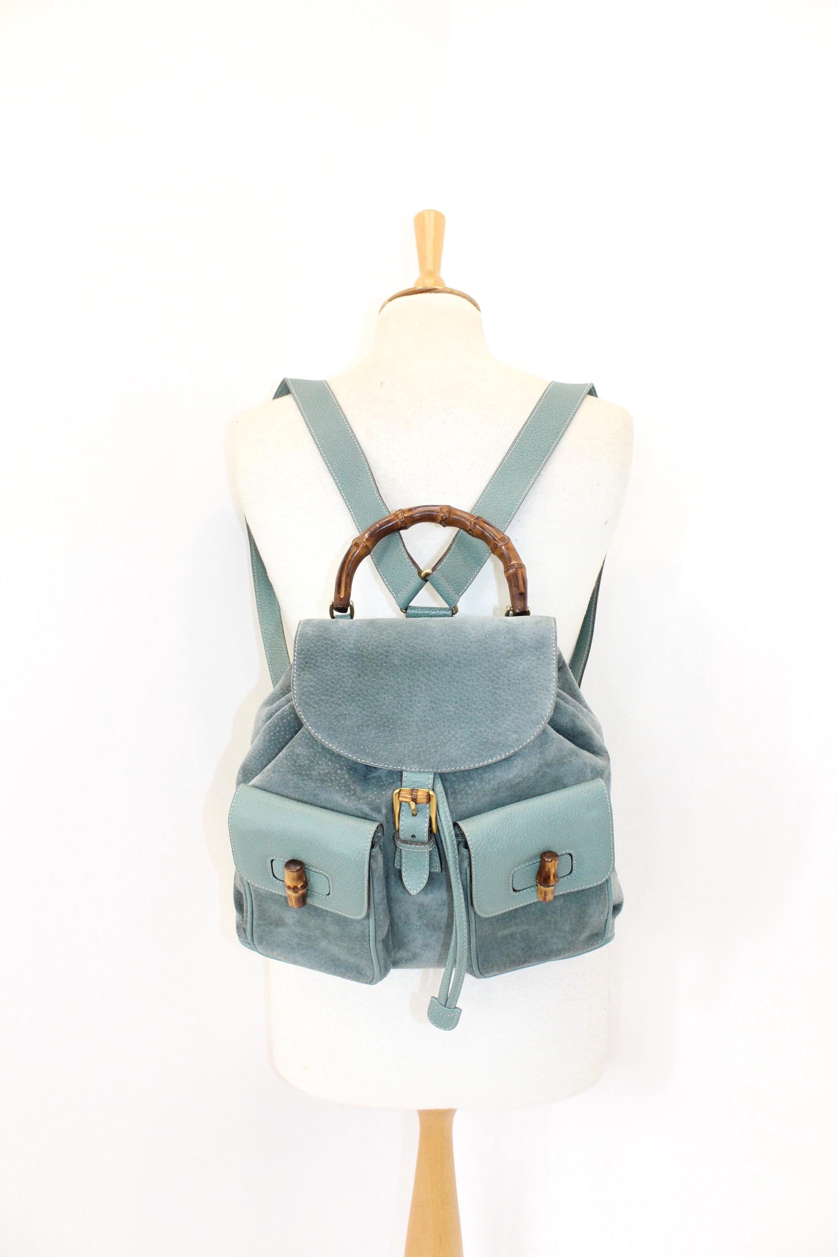 Vintage Gucci Bamboo Backpack Blue Sued Leather Authentic Designer