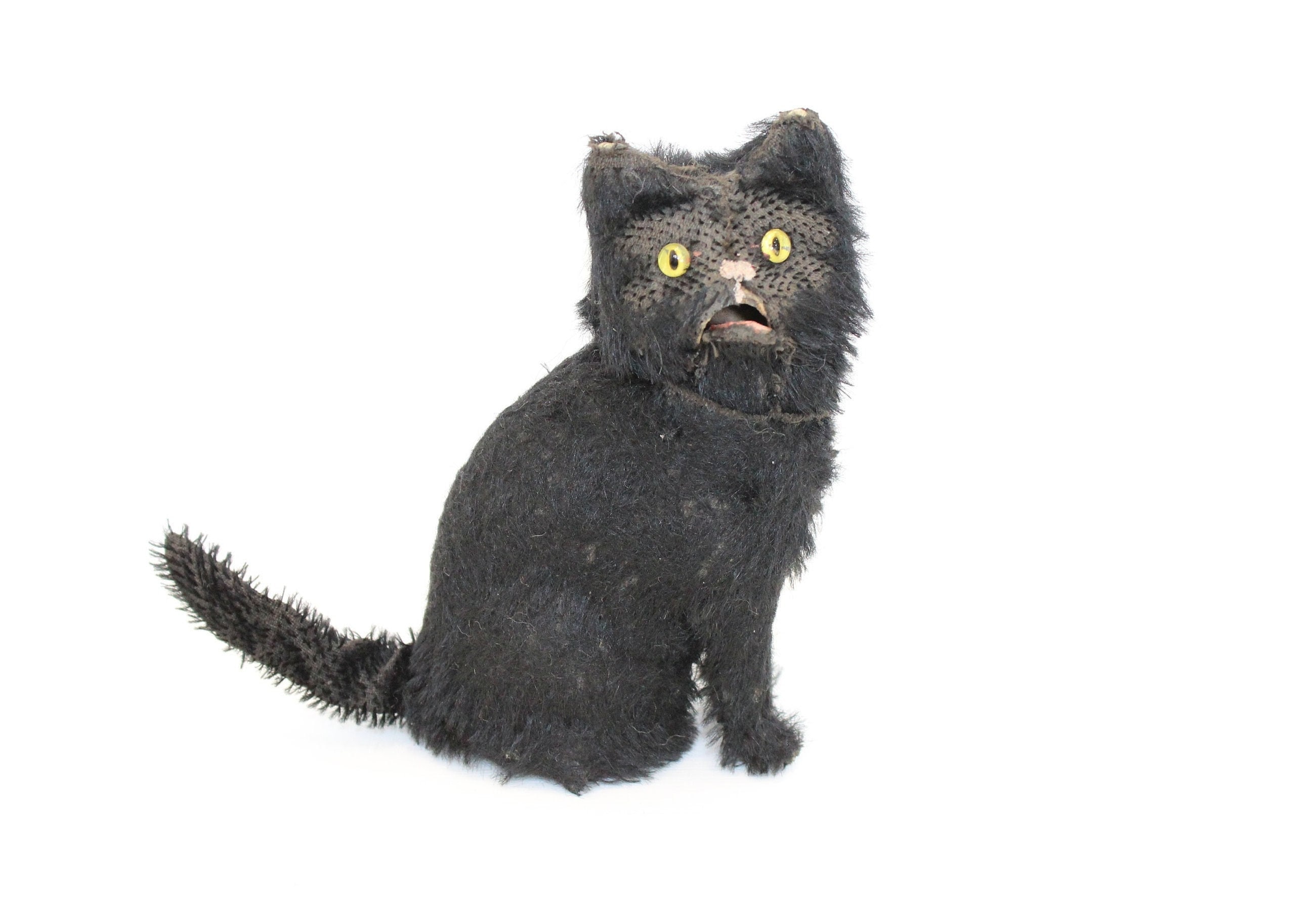 Antique Wind up Clock Work Cat Automaton Black Mohair Lucky Black