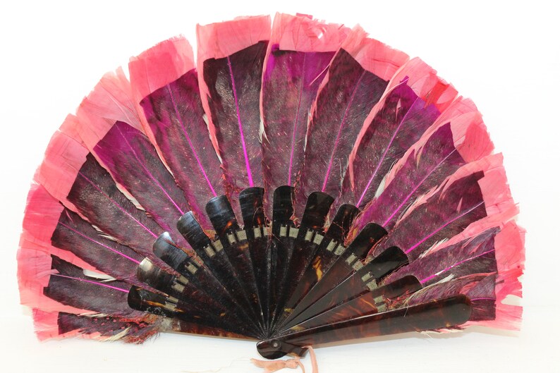 Antique Victorian pink feather fan folding hand fan celluloid staves