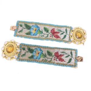 Antique Georgian pair micro beadwork cuff Regency beaded bracelet with large gemstone fastener
