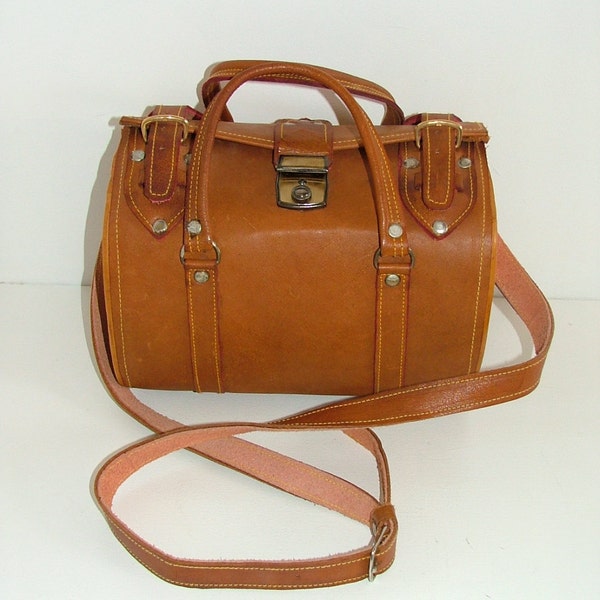 Vintage large leather tan brown satchel box camera safari travel case bag handbag