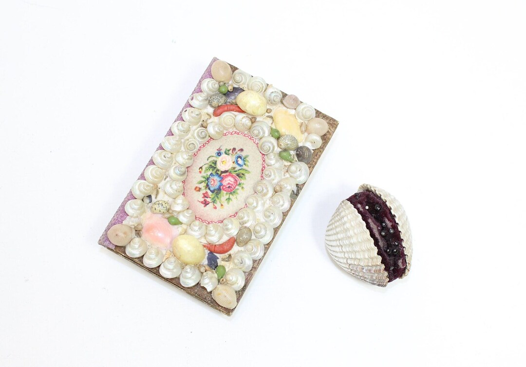 Antique Victorian Sea Shell Pin Cushion and Shellwork Needle Case
