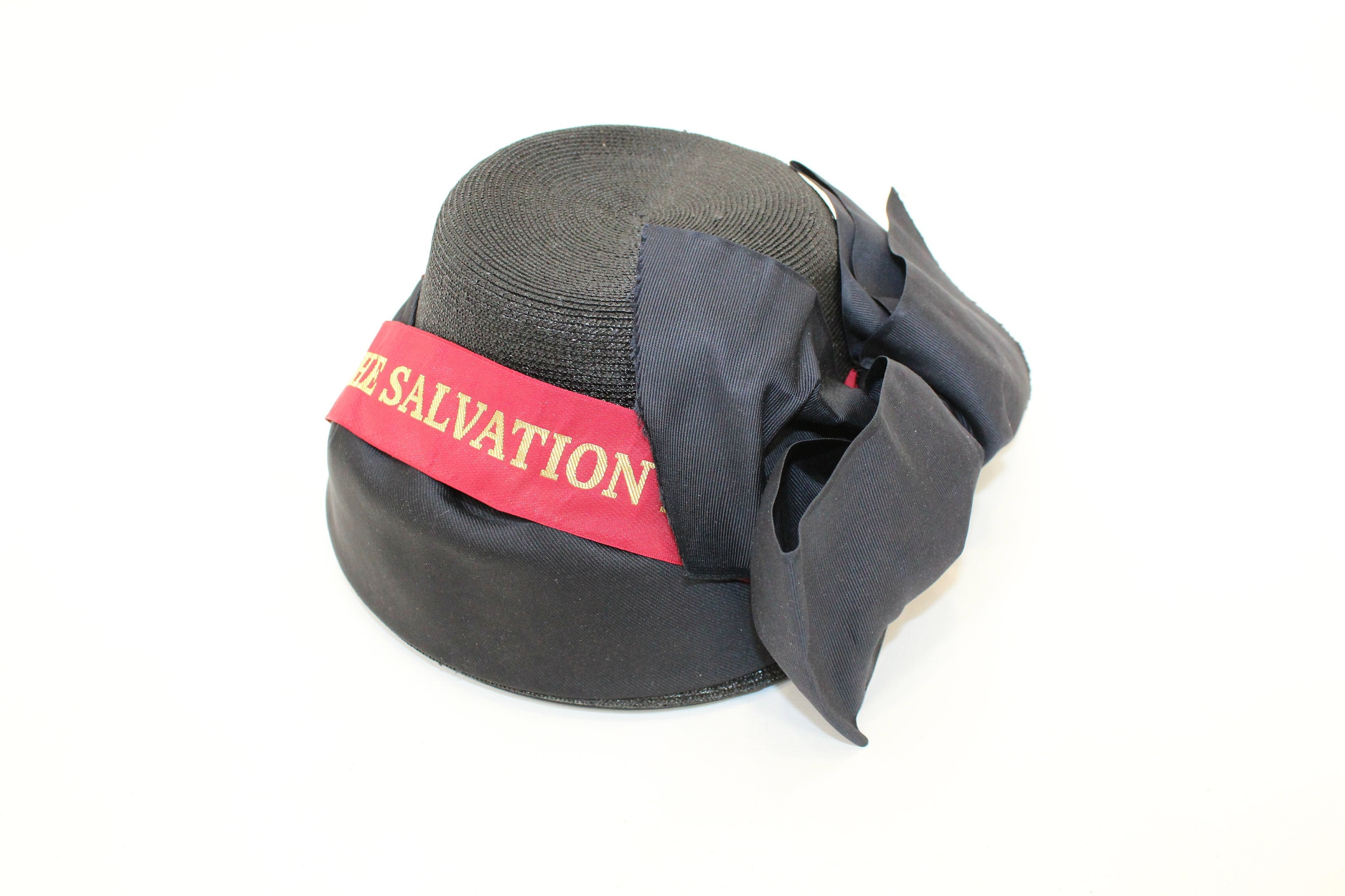 Vintage‎ Salvation Army Bonnet Hat Black Maroon Straw Silk Ribbon Oversized Bow RARE Salvation Army Bonnet and Hat Box Collectors Set  main image 3