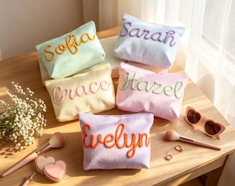 Personalized Preppy Seersucker Cosmetic Bag, Custom Striped Makeup Pouch, Travel Toiletry Bag, Bridesmaid Sorority Gift