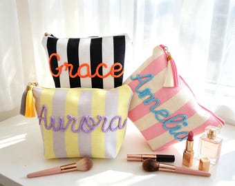 Custom Striped Corduroy Makeup Bag  Personalized Chenille Name Travel Toiletry Pouch Summer Beach Cosmetic Organizer Bag Unique Gift for Her