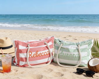 Bolso de playa bordado personalizado con forro impermeable, bolso de lona a rayas personalizado, bolso de piscina para vacaciones de verano, cruceros y viajes.