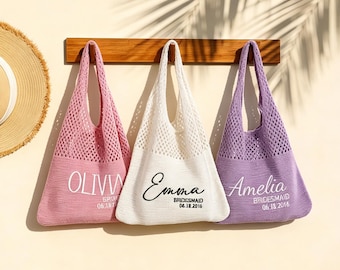 Gepersonaliseerde gehaakte draagtas, aangepaste geborduurde naam, cadeau bruidsmeisje, gebreide strandtas, vrijgezellenfeest, draagtas bruid markt