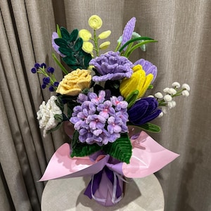 Handcrafted Chenille Stem Flower Art / Pipe Cleaner Lavender Flowers Bouquet – Elegant Floral Art Arrangement /App. Height 47cm
