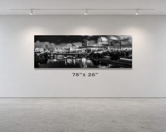 Downtown Des Moines Panorama Black and White Fine Art print, large canvas