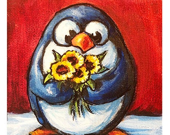 Sunflower Pal Penguin Print with Flowers