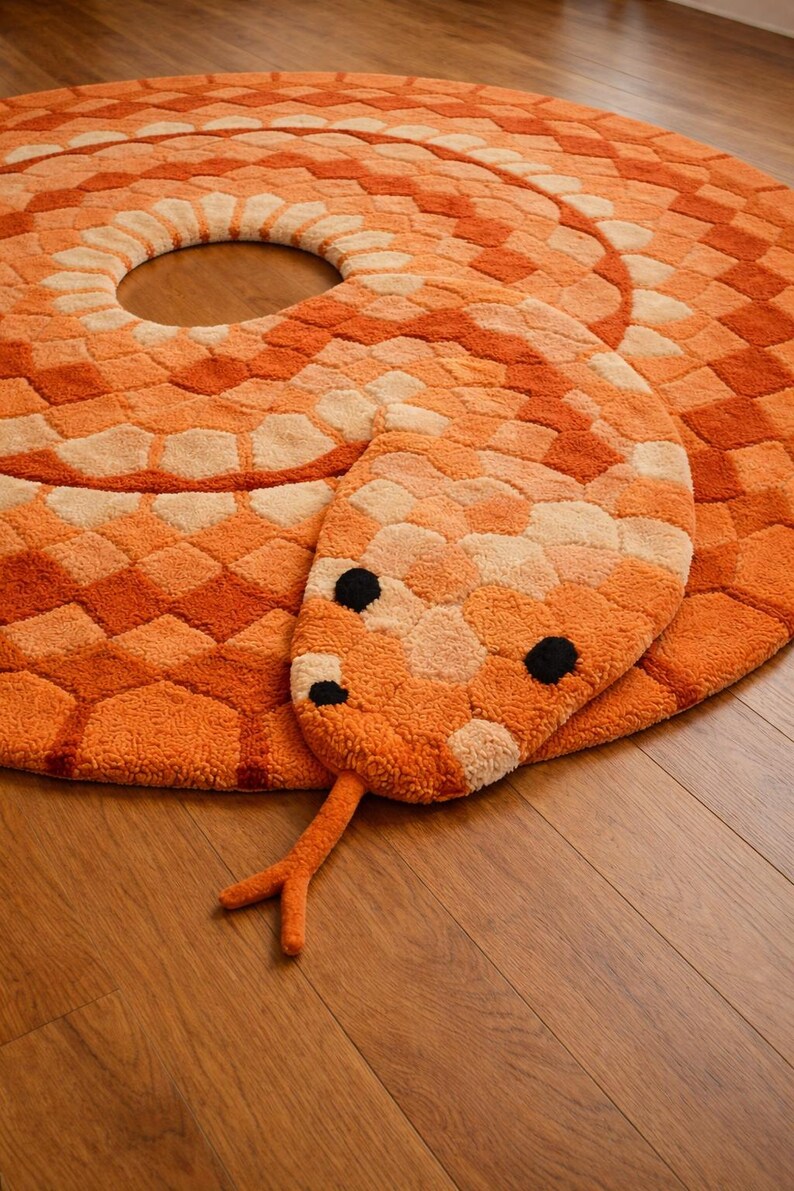 Handmade Coiled Snake Rug, Orange Spiral Tufted Floor Mat, Modern ...