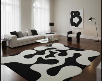 Modern Abstract Black & White Hand Tufted Carpet for Living Room
