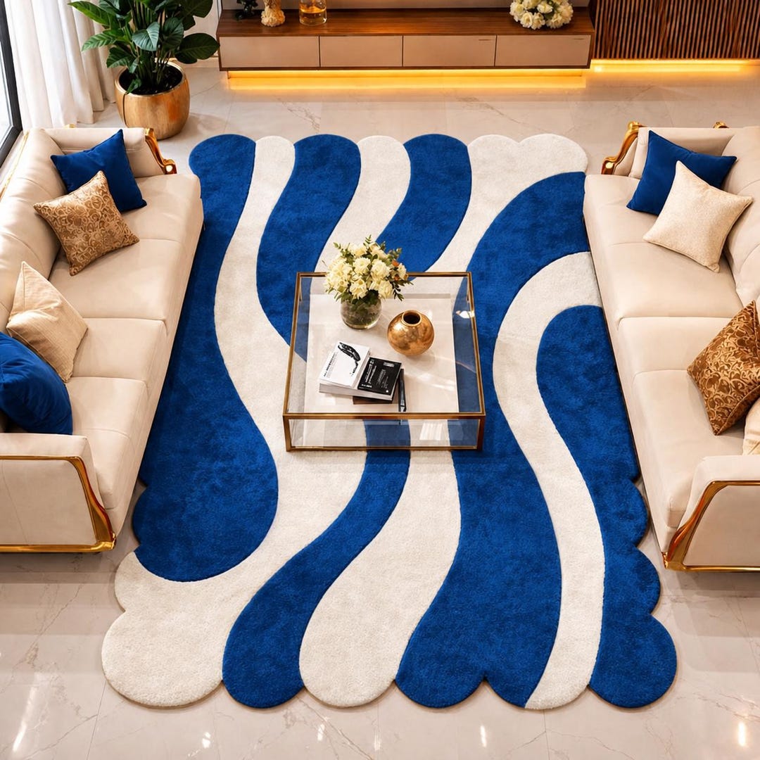 Modern Blue Abstract Rug, Luxury Wavy Pattern Carpet, Handmade Area Rug ...