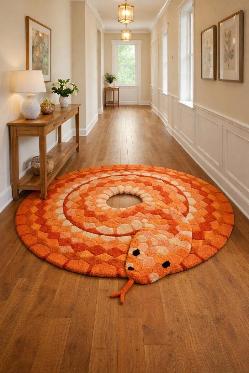 Small Snake Rug Handmade Coiled Snake Rug, Orange Spiral Tufted Floor Mat, Modern ...