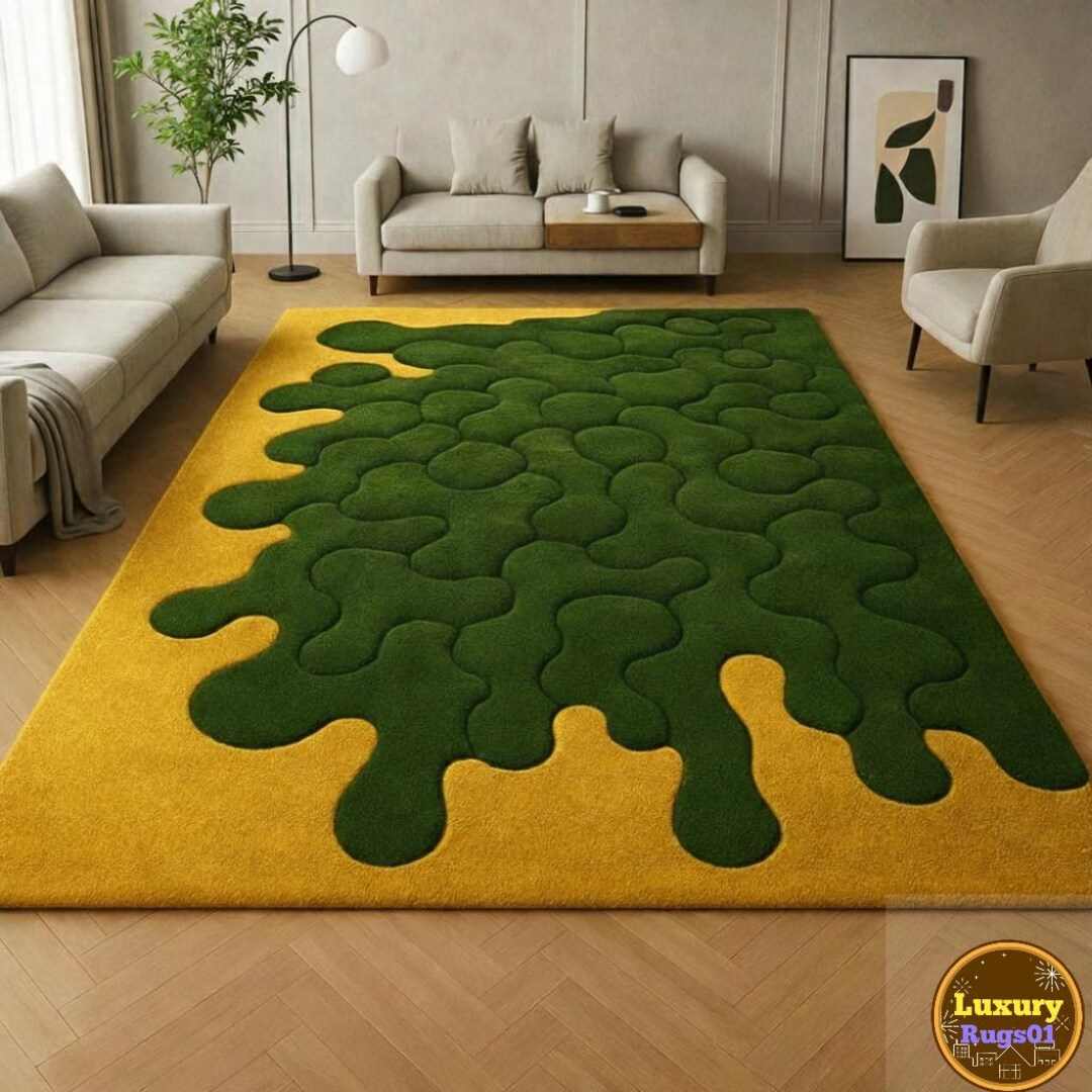 Modern Abstract Hand Tufted Area Rug – Green & Mustard Organic Design ...