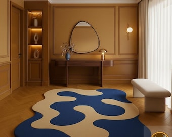 Modern Abstract Blue & Beige Designer Rug | Hand Tufted Contemporary Carpet for Living Room
