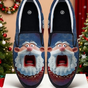 Hand-Painted  Funny Santa Slip On Shoes, Christmas Elf Style Canvas Sneakers