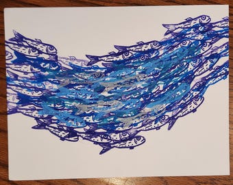 School of Fish Linocut Print
