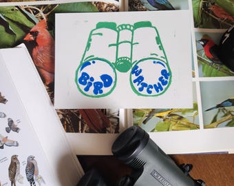 Bird Watcher Linocut Print