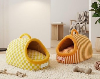 Custom Name Checkered Dog Cave Bed, Cozy Plush Pet Nest, Hooded Sleeping Bed
