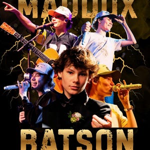 May include: A promotional poster featuring multiple images of a young man, some holding microphones and a guitar. The name "MADDOX" is at the top, and "BATSON" is at the bottom, both in gold, stylized text. Lightning bolt graphics are in the background.