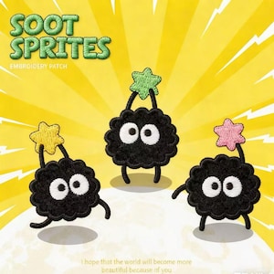 May include: Three embroidered Soot Sprite patches with white eyes, black bodies, and star-shaped accents in yellow, green, and pink. The patches have the text "SOOT SPRITES EMBROIDERY PATCH" in green.