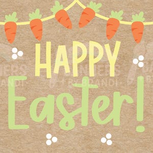 May include: A festive Easter-themed banner with a light brown background. The banner features the words "HAPPY Easter!" in yellow and green, along with orange carrot garland and colorful bunny silhouettes in blue, purple, and pink. White polka dots add to the design.