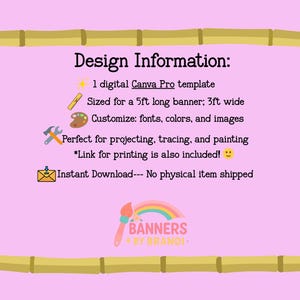 May include: A digital Canva Pro template for a 5ft long by 3ft wide banner, framed by a bamboo border on a light pink background. The text includes Design Information, customisation options for fonts, colours, and images, and Banners by Brandi.