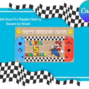 May include: A rectangular birthday banner template featuring a brown background with a black and white checkered border. It displays the text HAPPY BIRTHDAY LAIKEN! and LEVEL 5 UNLOCKED, accompanied by a cartoon character and two yellow stars.