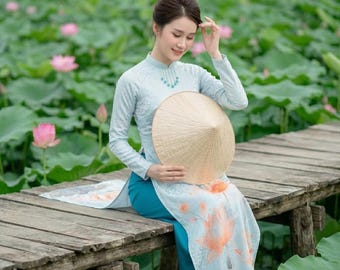 Vietnamese traditional ao dai dress for women modern printed silk long dress with pants classic custom size elegant wedding guest dress