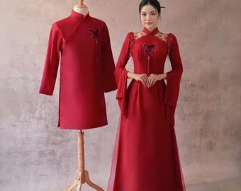 Red butterfly wedding ao dai bride groom traditional Vietnam engagement attire elegant tea ceremony custom-made matching ao dai set