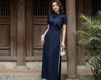 Abito tradizionale vietnamita Ao Dai blu navy da donna, elegante e moderno, lungo, su misura, con fiocco al collo, completo formale.